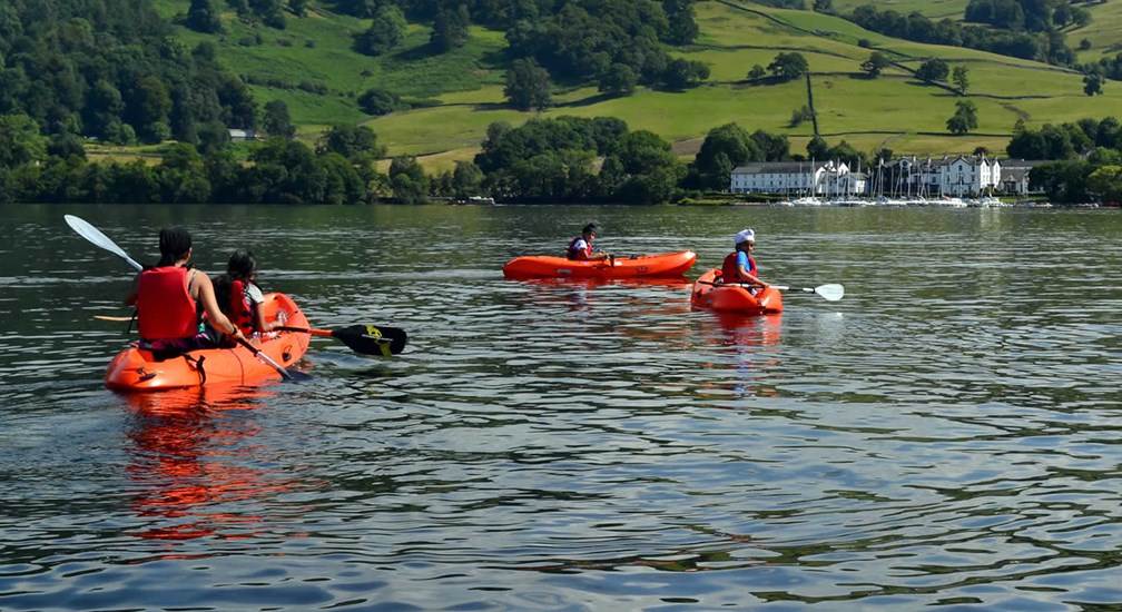 Group of sit-on-top kayakers on Windermere